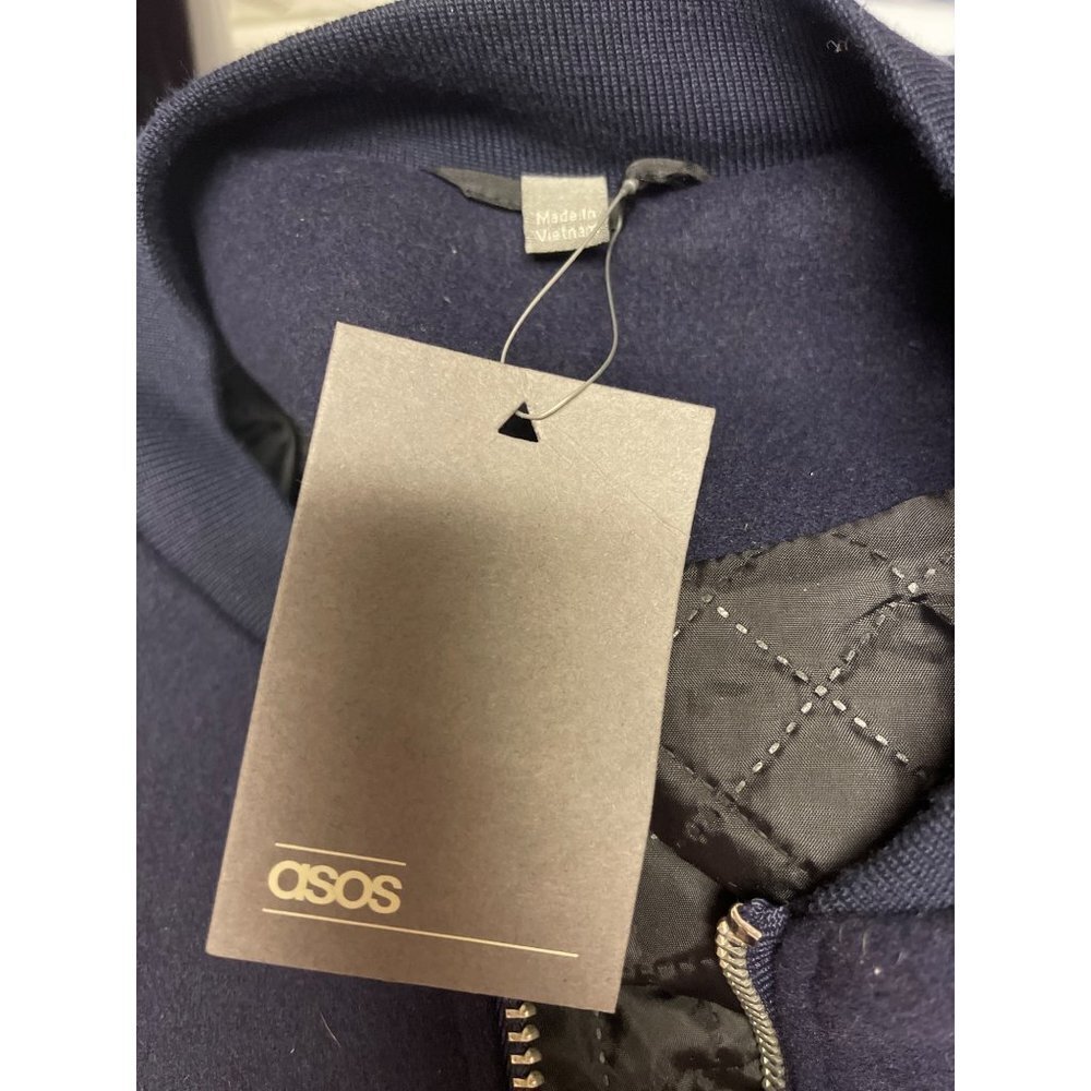 NEW! ASOS Navy Blue Full Zip Lined Polyester Wool Bomber Jacket Men's Small - Picture 7 of 12